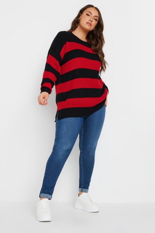 YOURS Plus Size Black & Red Stripe Knitted Jumper | Yours Clothing 3