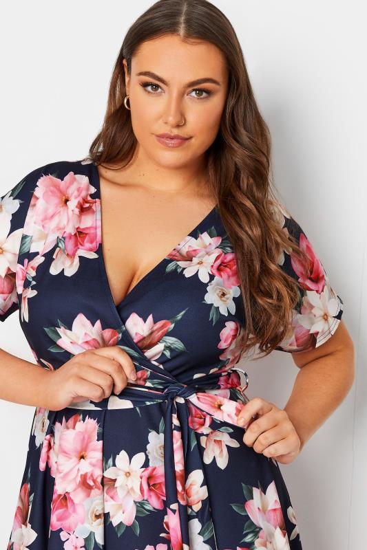 YOURS LONDON Curve Plus Size Navy Blue & Pink Floral Skater Wrap Dress | Yours Clothing 4