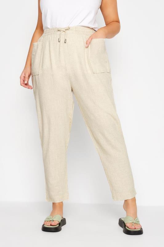 Plus Size Stone Brown Linen Look Joggers | Yours Clothing  1