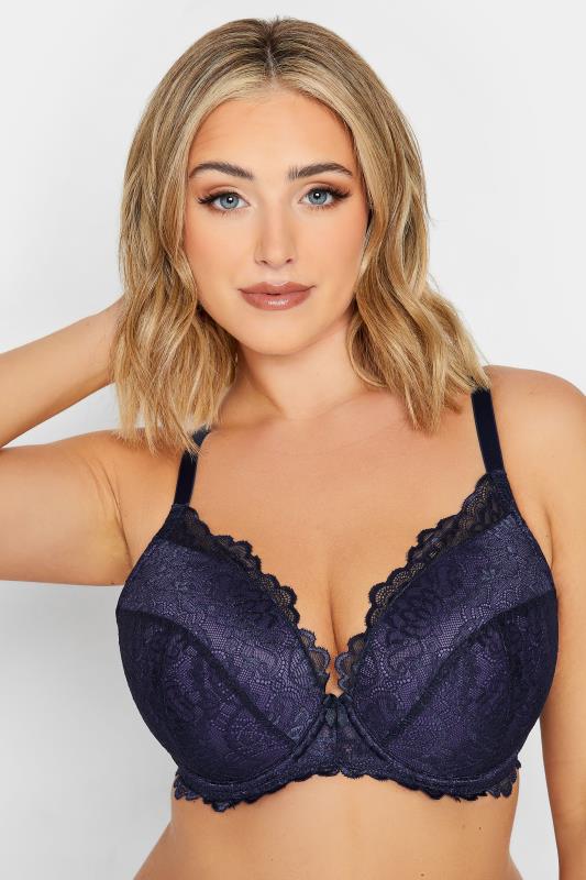 Plus Size  YOURS Ink Blue Lace Padded Underwired Plunge Bra