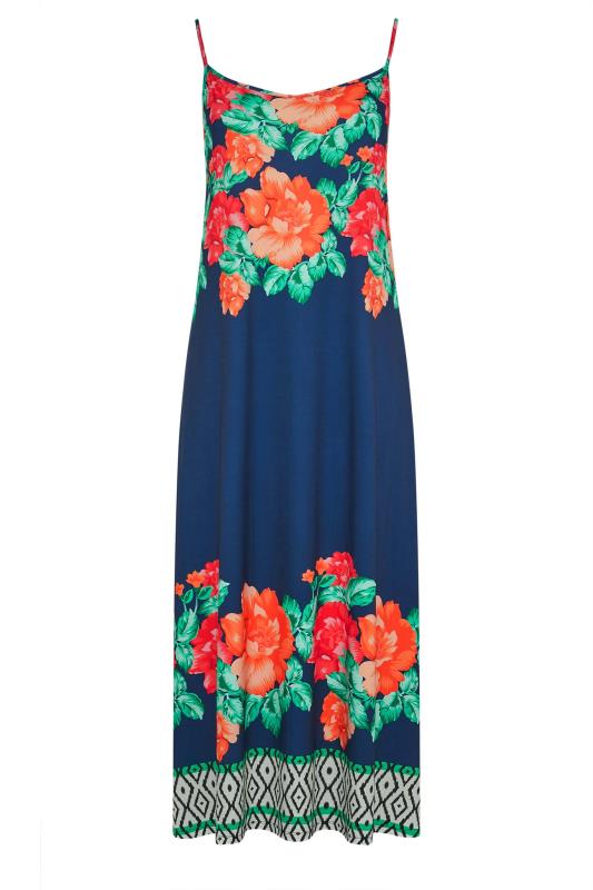 Curve Navy Blue Floral Border Print Strappy Dress | Yours Clothing 5