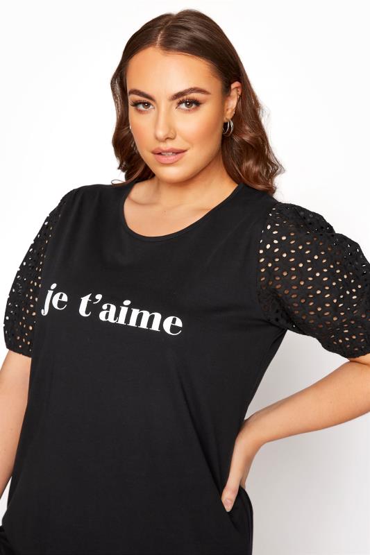 LIMITED COLLECTION Black Broderie Anglaise Puff Sleeve "Je T'aime" Slogan T-shirt_D.jpg