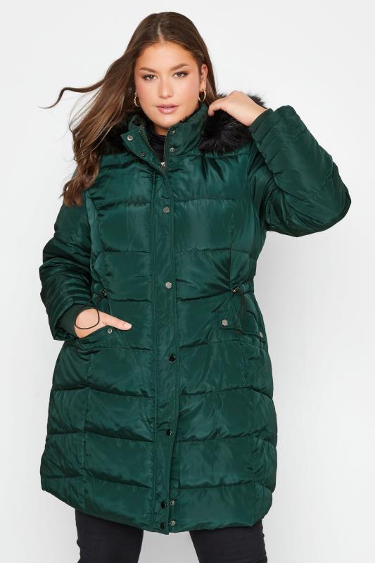 Plus Size Forest Green Panelled Puffer Midi Coat | Yours Clothing 3