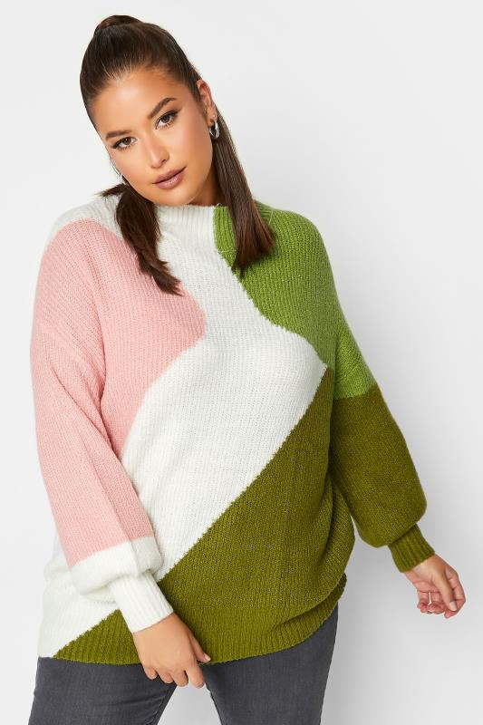 Curve Plus Size Green & Pink Colourblock Knitted Jumper | Yours Clothing  1