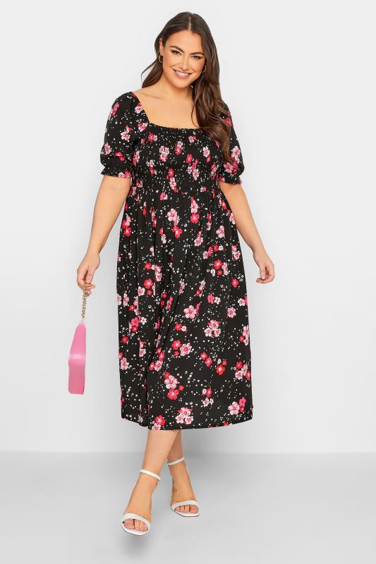 YOURS Plus Size Black Floral Print Shirred Maxi Dress | Yours Clothing 2