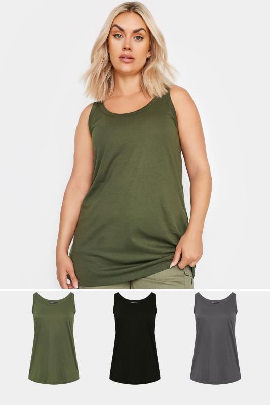 Plus Size  YOURS 3 PACK Curve Khaki Green & Black Core Vest Tops