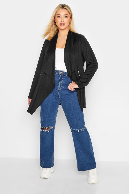 YOURS Plus Size Black Faux Suede Waterfall Jacket | Yours Clothing 2