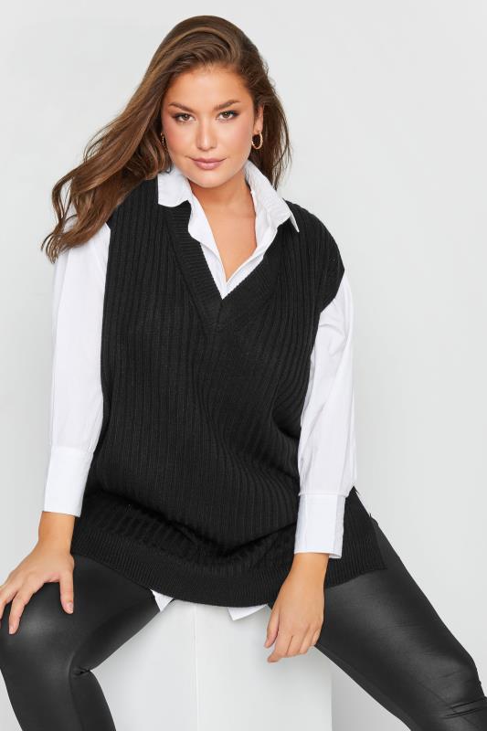 Plus Size Black Ribbed V-Neck Knitted Vest Top | Yours Clothing 4