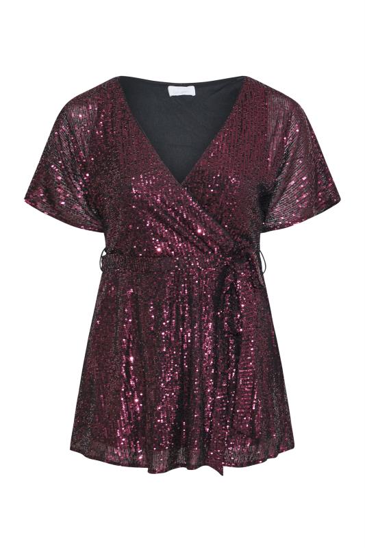 YOURS LONDON Plus Size Purple Sequin Embellished Wrap Top | Yours Clothing 6