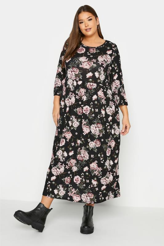 Plus Size  Curve Black & Pink Floral Pocket Midaxi Dress