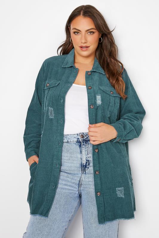Plus Size  LIMITED COLLECTION Curve Blue Ripped Cord Shacket