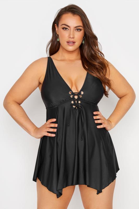 Plus Size Black Eyelet Lace Up Swim Dress | Yours Clothing 1