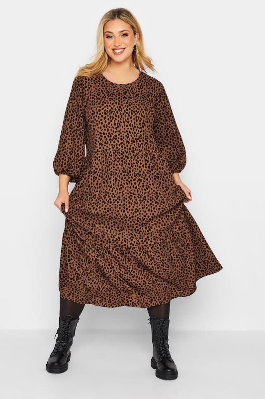  dla puszystych YOURS Curve Brown & Black Animal Print Frill Maxi Dress