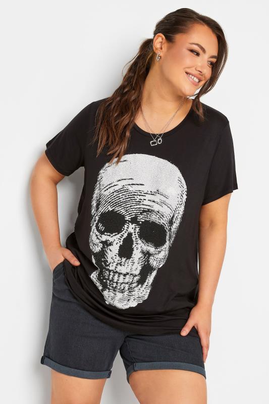 YOURS Curve Plus Size Black Stud Embellished Skull Print T-Shirt | Yours Clothing  1