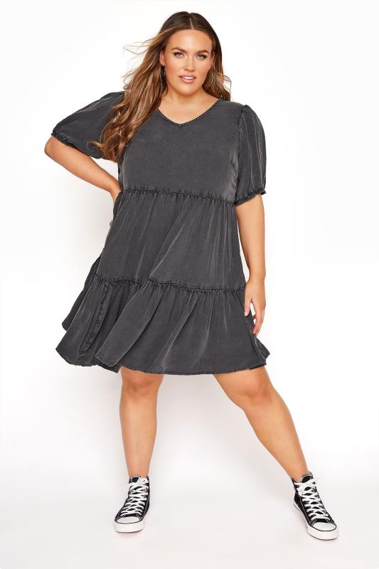 Black Acid Wash Tiered Dress | Yours Clothing