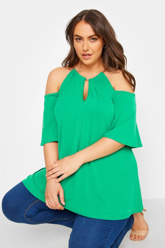 YOURS LONDON Curve Bright Green Chain Neckline Cold Shoulder Top_D.jpg