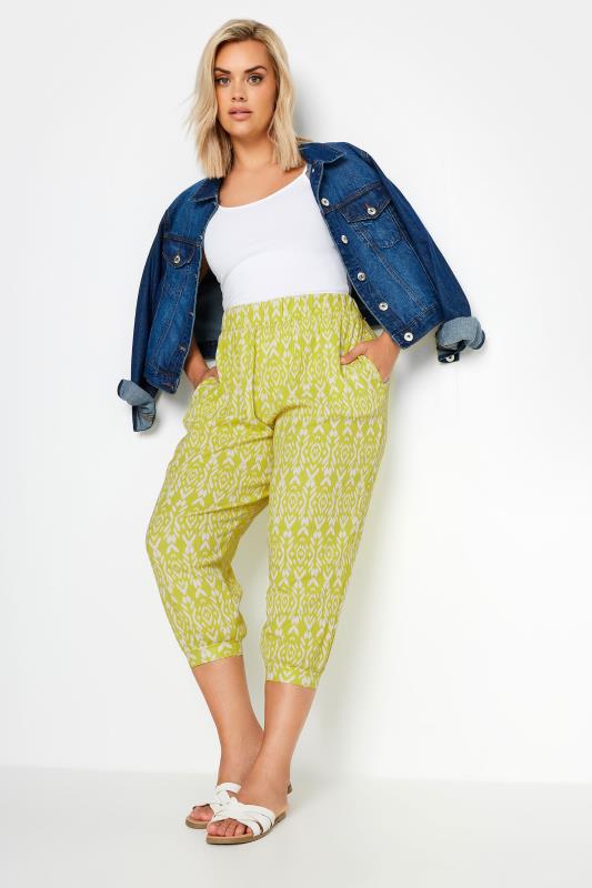 YOURS Plus Size Yellow Ikat Print Textured Cropped Harem Trousers | Yours Clothing 2