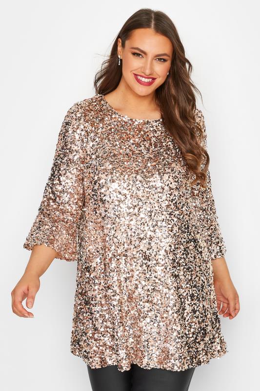 Plus Size  YOURS LONDON Curve Nude Pink Sequin Embellished Flute Sleeve Top