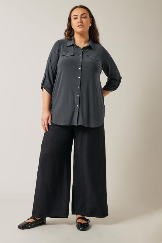 EVANS Plus Size Charcoal Grey Tab Sleeve Blouse | Evans 2