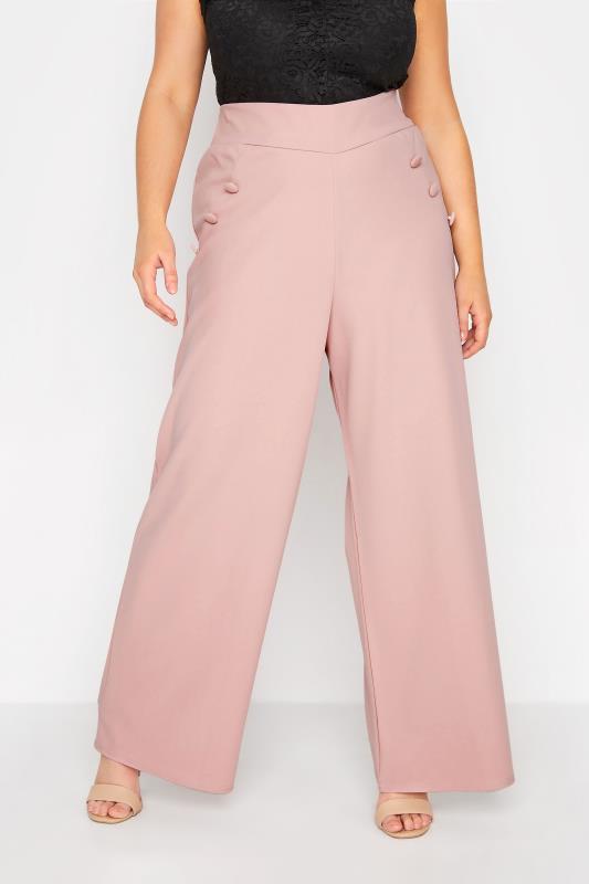  Grande Taille YOURS LONDON Curve Pink Button Stretch Scuba Crepe Wide Leg Trousers