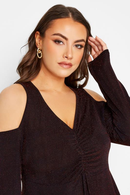 LIMITED COLLECTION Plus Size Black & Red Glitter Cold Shoulder Top | Yours Clothing 4