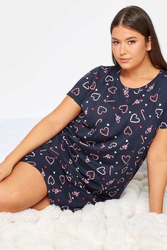 YOURS Plus Size Navy Blue Candy Cane Print Christmas Nightdress | Yours Clothing 1