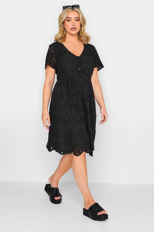 Plus Size  YOURS PETITE Curve Black Broderie Anglaise Mini Smock Dress
