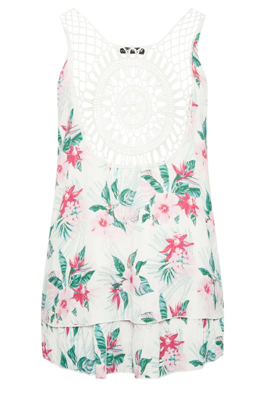 YOURS Plus Size White Tropical Print Crinkle Crochet Back Vest Top | Yours Clothing 6