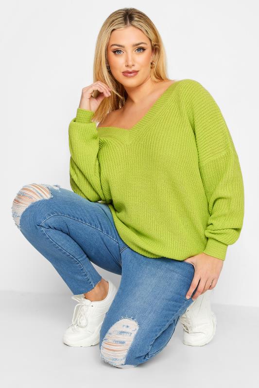 YOURS Plus Size Lime Green Double V-Neck Jumper | Yours Clothing 4