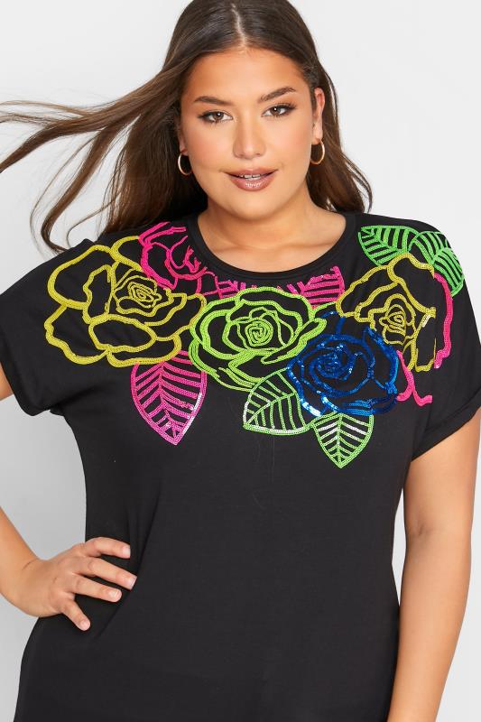 Curve Black Floral Sequin Embellished T-Shirt 4
