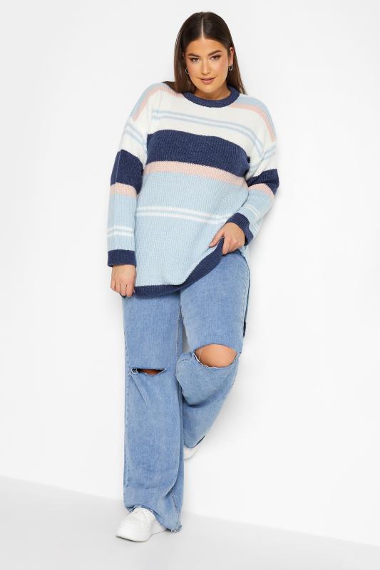 YOURS LUXURY Plus Size Blue Stripe Longline Jumper | Yours Clothing 2