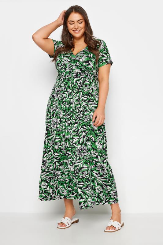  Tallas Grandes YOURS Curve Green Leaf Print Tiered Maxi Dress