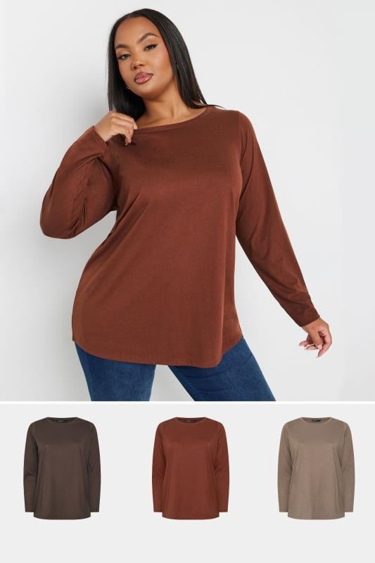  Tallas Grandes YOURS 3 PACK Curve Brown Long Sleeve T-Shirts