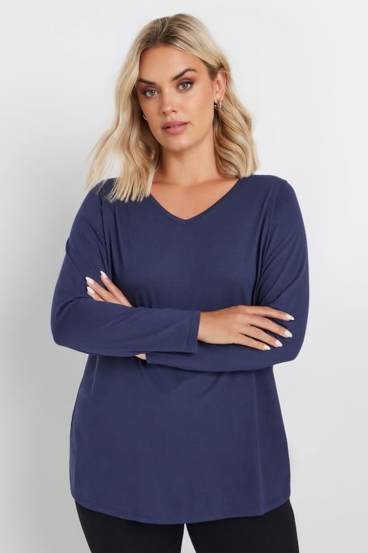  Grande Taille YOURS Curve Navy Blue Long Sleeve Essential T-Shirt