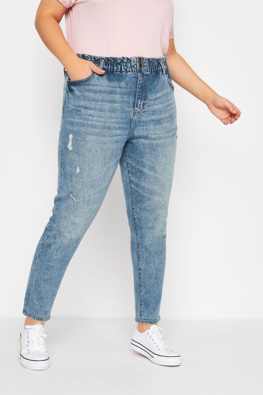 Curve Blue Washed Elasticated MOM Jeans 1