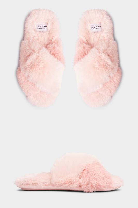 LTS Pink Faux Fur Cross Strap Slippers In Standard D Fit 2