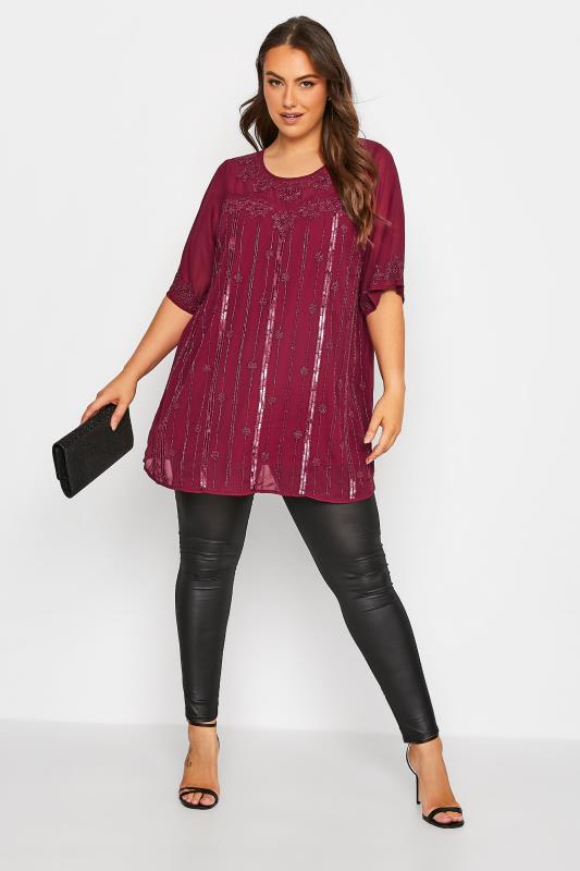 LUXE Plus Size Burgundy Red Sequin Hand Embellished Chiffon Blouse | Yours Clothing 2