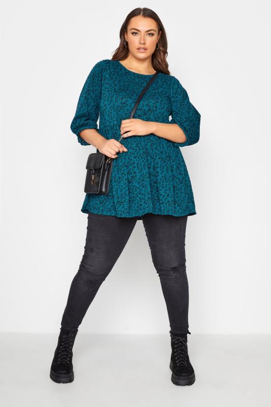 LIMITED COLLECTION Curve Teal Blue Ditsy Print Frill Peplum Top_B.jpg