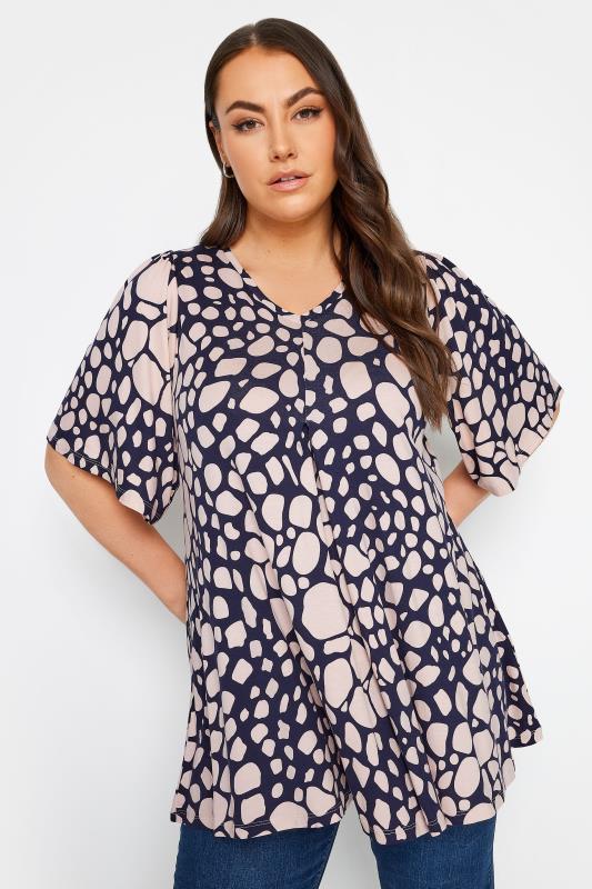YOURS Plus Size Navy Blue & Pink Spot Print Swing Top | Yours Clothing 1