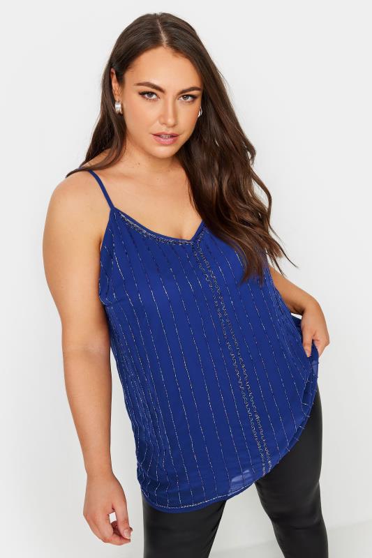 YOURS Plus Size Cobalt Blue Sequin Embellished Cami Top | Yours Clothing 1