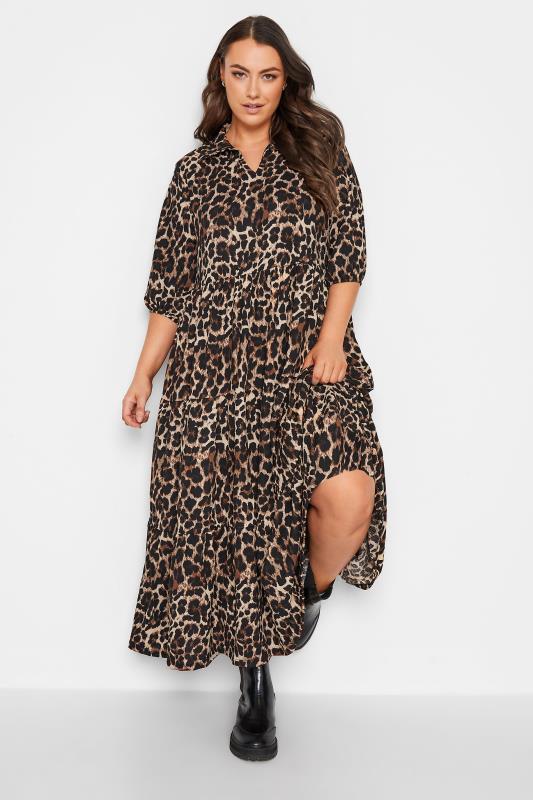 Plus Size  Curve Brown Leopard Print Collar Maxi Dress