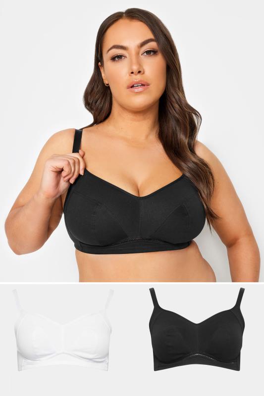 2 PACK Black & White Non-Wired Cotton Bras | Yours Clothing 1