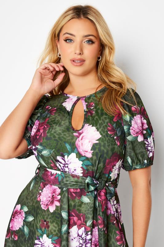 YOURS LONDON Plus Size Green Floral Animal Print Keyhole Skater Dress | Yours Clothing 4