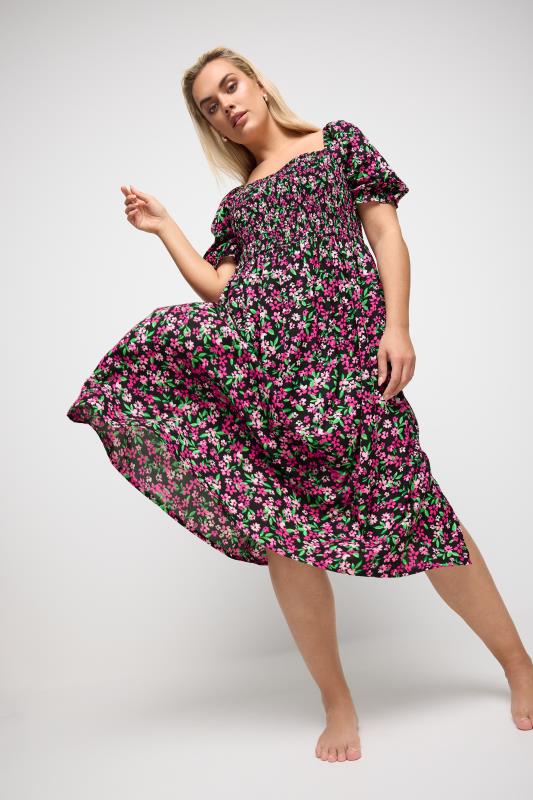 YOURS Plus Size Black & Pink Ditsy Floral Print Shirred Midaxi Dress | Yours Clothing 1