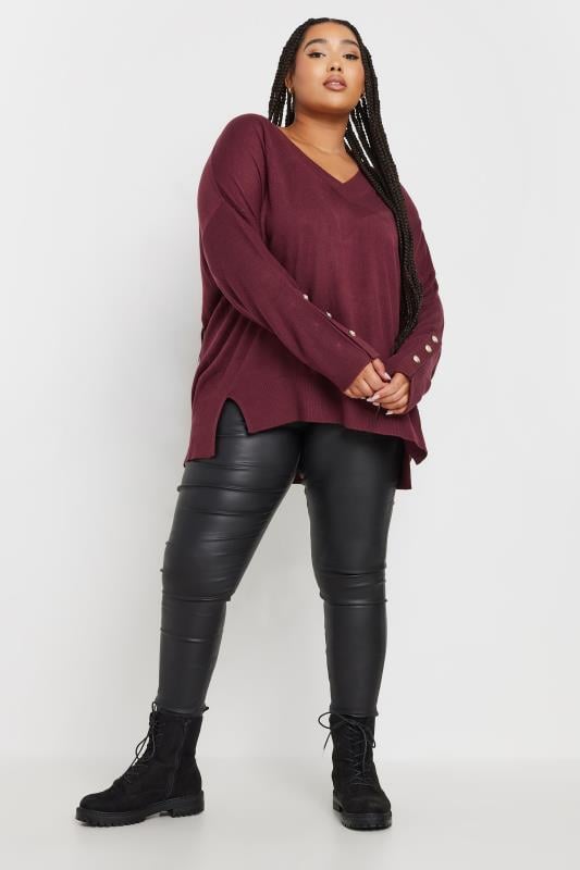 YOURS Plus Size Burgundy Red Button Sleeve Jumper | Yours Clothing  3