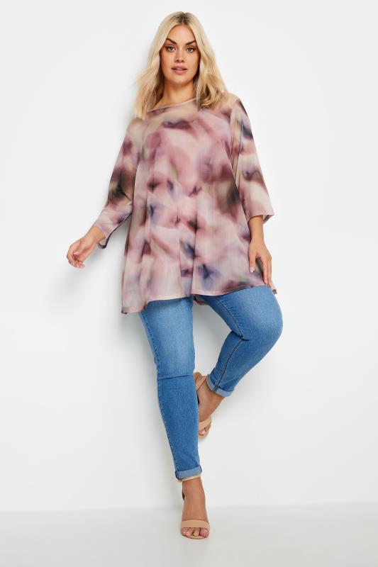 YOURS Plus Size Pink Abstract Print Mesh Layered Top | Yours Clothing 2