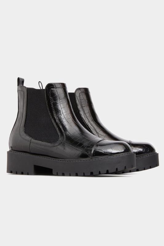Wide Fit Boots LIMITED COLLECTION Black Patent Croc Platform Chelsea Boots In Wide Fit