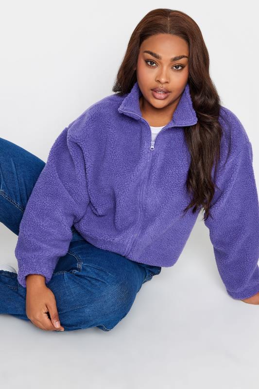 YOURS Plus Size Purple Cropped Zip Through Teddy Fleece | Yours Clothing 1
