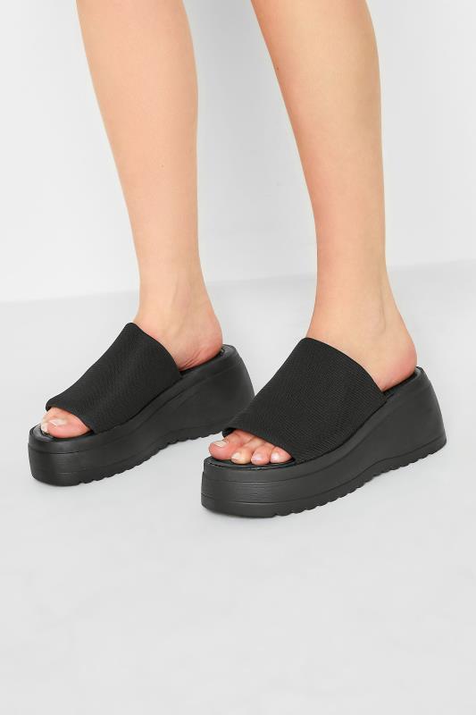 PixieGirl Black Wedge Platform Mule Sandals In Standard Fit | PixieGirl 1