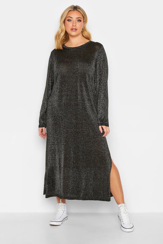 Plus Size Black & Silver Glitter Midaxi Dress | Yours Clothing  1